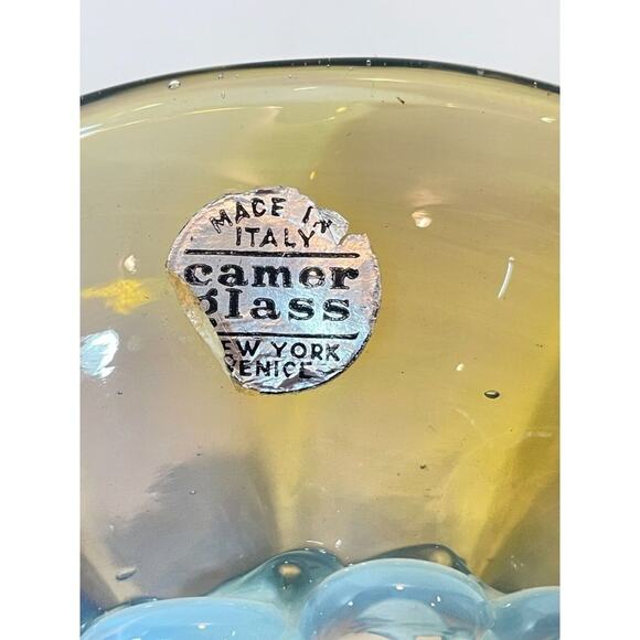 Vintage Murano Art Glass Camer MCM Yellow Blue Small Footed Bowl - Picture 12 of 15